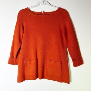 CYNTHIA ROWLEY Tunic Sweater Womens S Red Knit Patch Pockets Boat Cozy Oversize